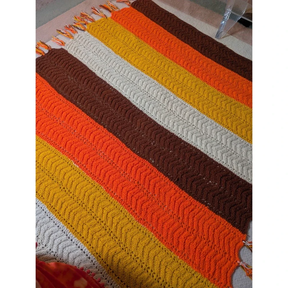 Crochet Afghan Yellow Orange Brown Harvest Autumn Blanket Handmade 54X59 Vintage